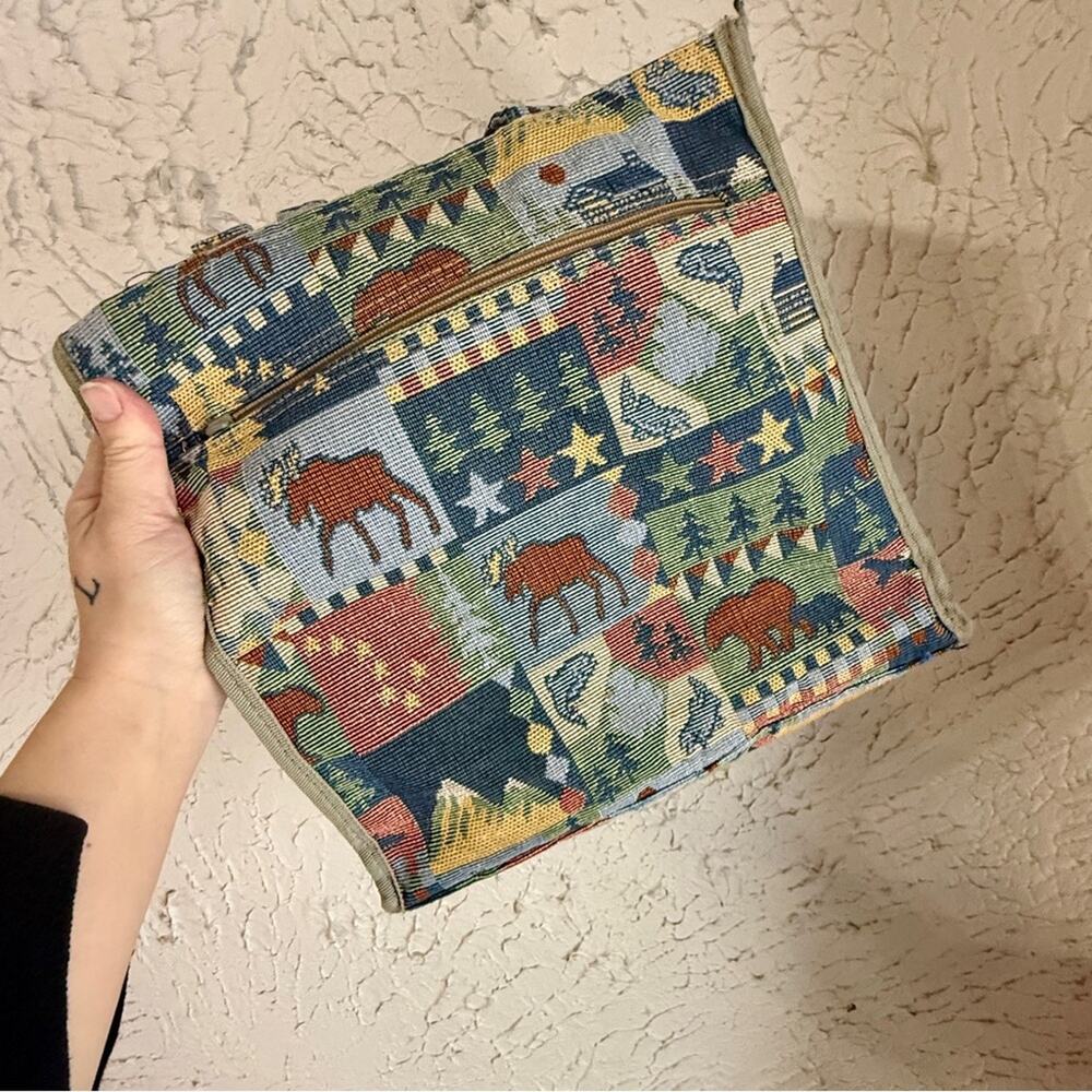 Vintage Tapestry Tote Bag Cabin Lodge Style | Moose Bear Mountain Print Shoulder - Picture 11 of 11